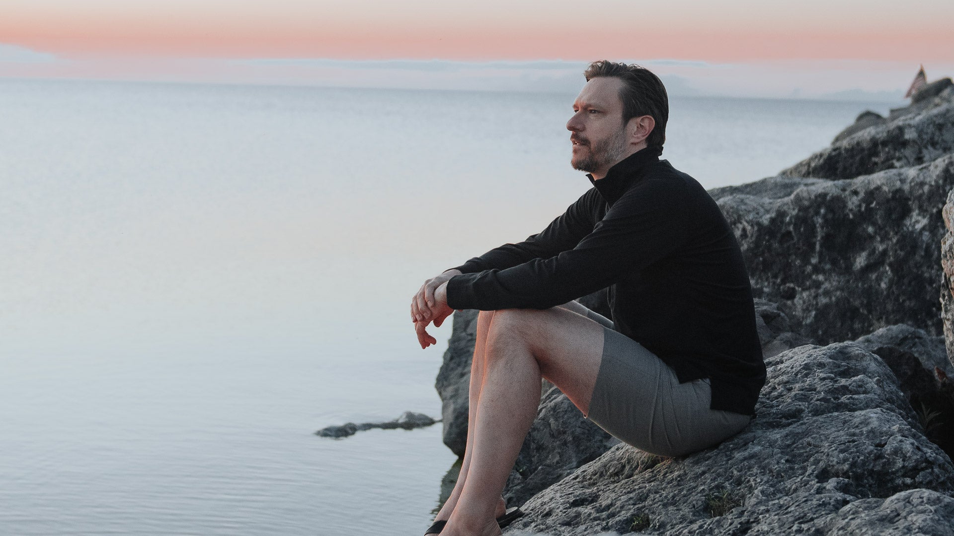 Photo at Lake Huron of Brad in MuskOx Apparel Quick Dry Quarter Zip