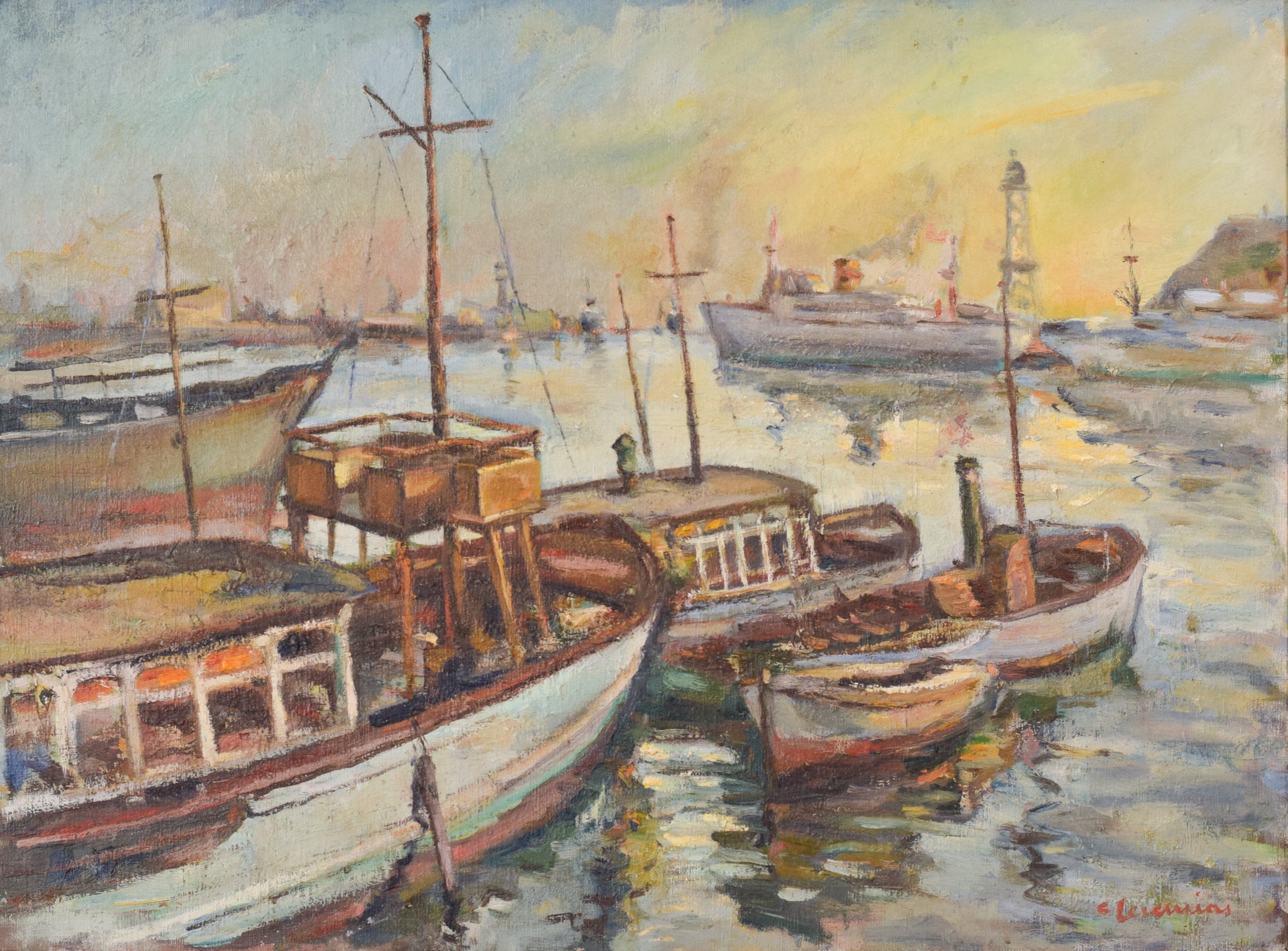 Large Impressionist Port Scene – Modern Decorative