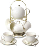 20 Piece European Ceramic Tea Sets - Bone China Coffee Set with Metal Holde - White Tea Set