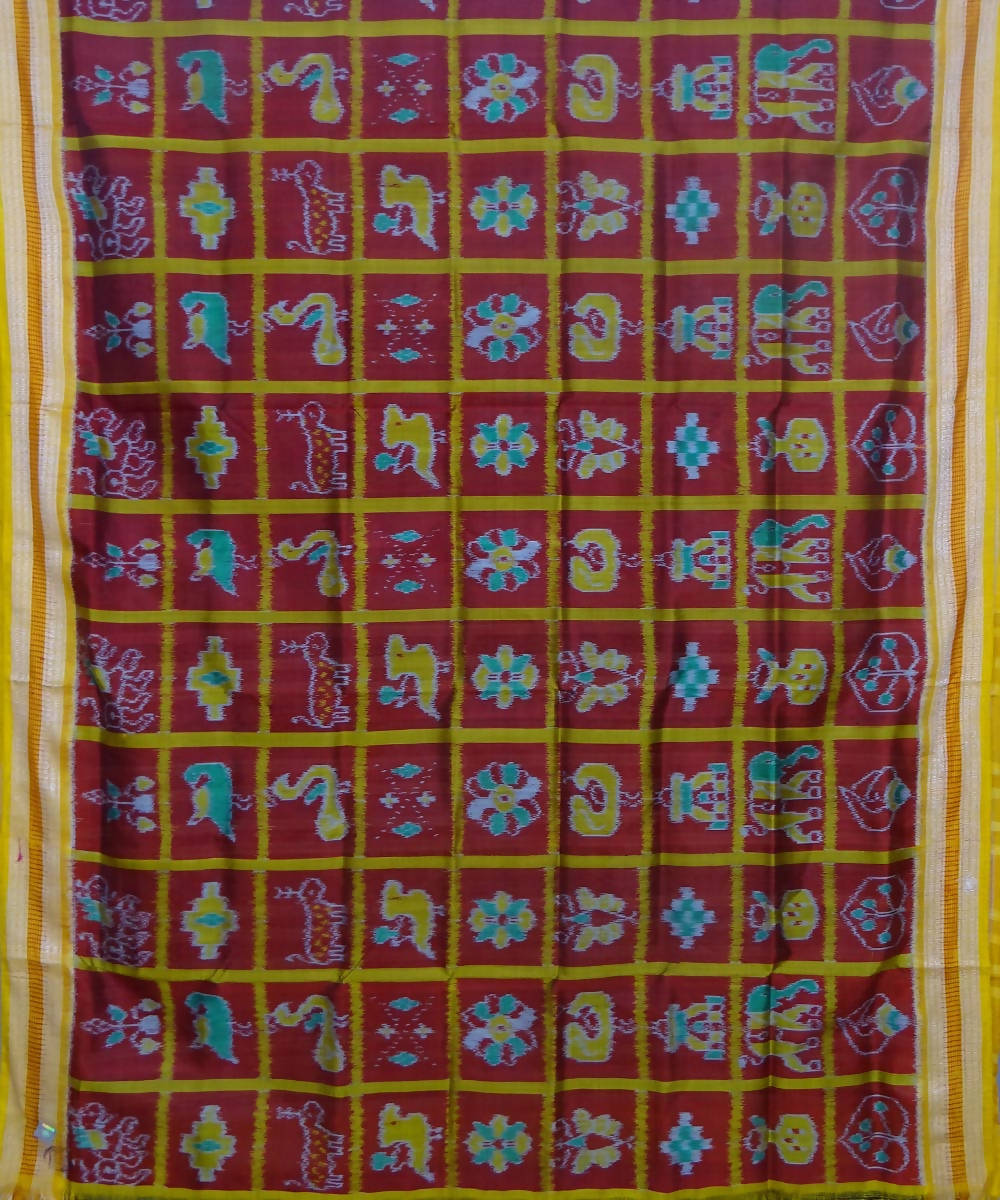 Khandua handwoven maroon yellow silk saree