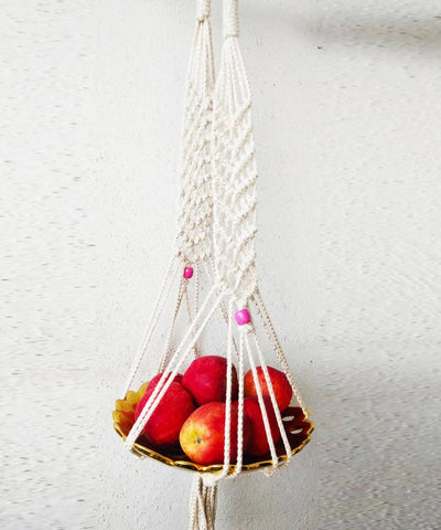 White handcrafted cotton wooden beads macrame plant or fruit holder