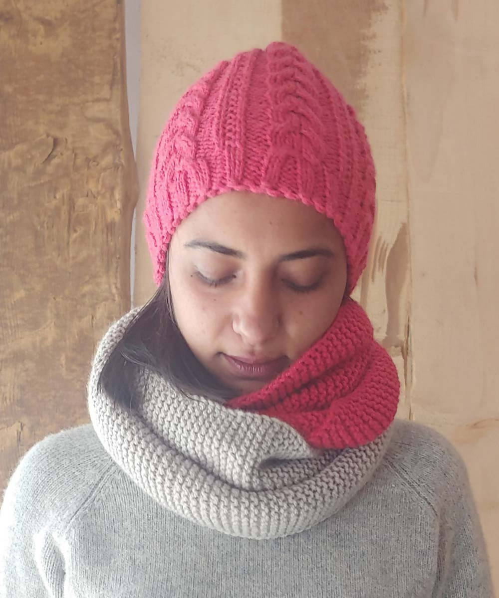 Pink cable cap and color block infinity scarf set in acrylic wool
