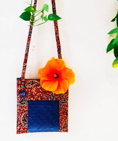 Red indigo kalamkari handmade sitalpati sling cotton boho bag