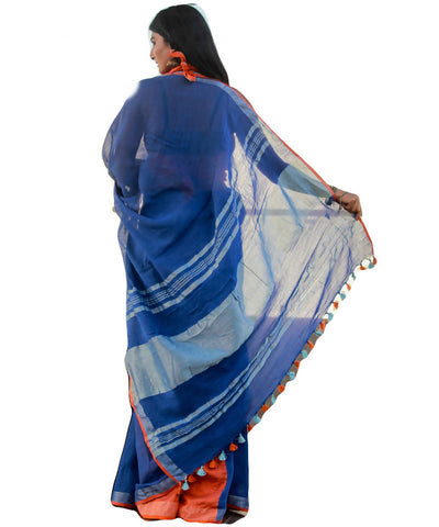 Dark pastel blue slub cotton saree with orange zari border
