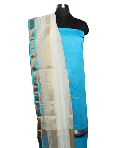 Sky blue and offwhite handloom cotton silk maheshwari dress material