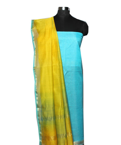 Cyan blue yellow hand printed cotton silk maheshwari dress material