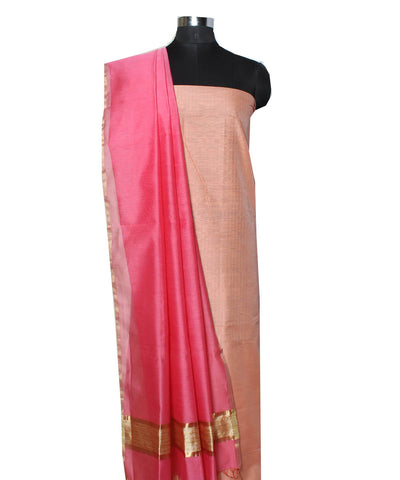 Peach pink handloom cotton silk chanderi dress material