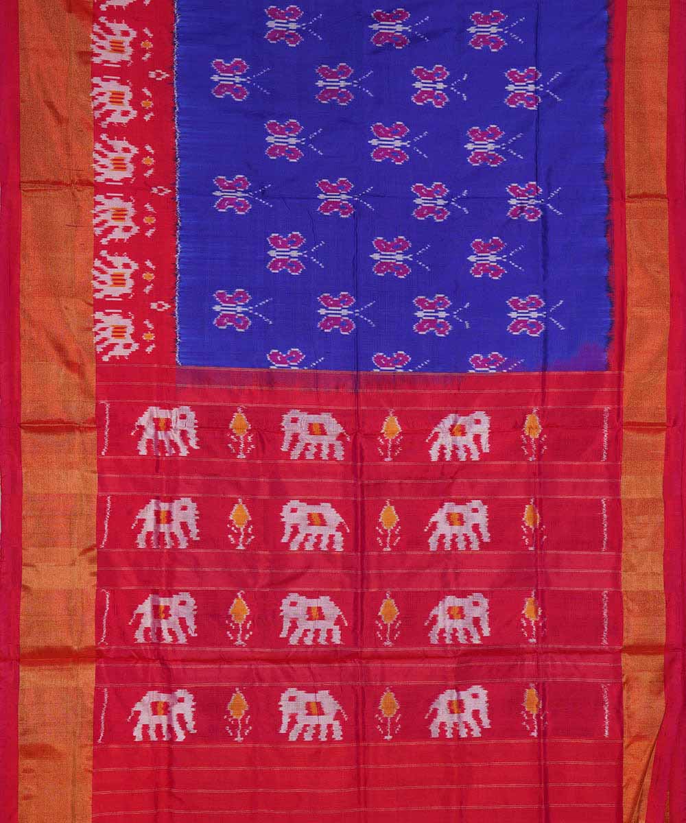 Cyan blue red handwoven ikkat silk pochampally sari