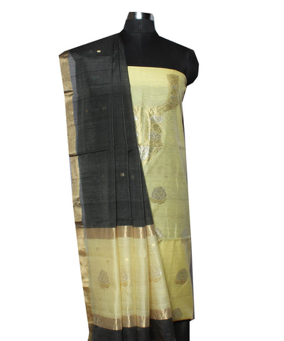 Pale yellow and black handwoven cotton silk chanderi dress material