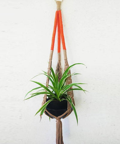 Orange brown handcrafted nylon thread macrame planter