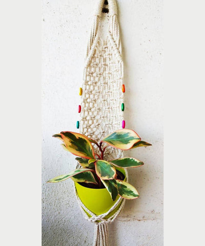 White handcrafted cotton lurex thread wooden beads macrame planter