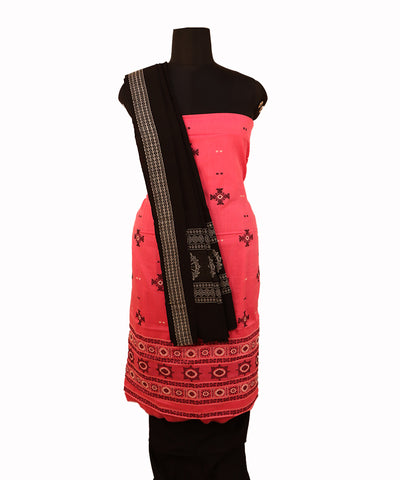 Pink and black handwoven cotton bomkai dress material