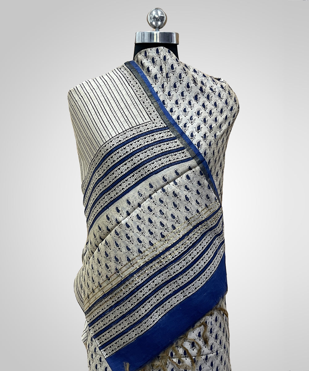 2pc Offwhite blue hand print bagru cotton silk chanderi dress material