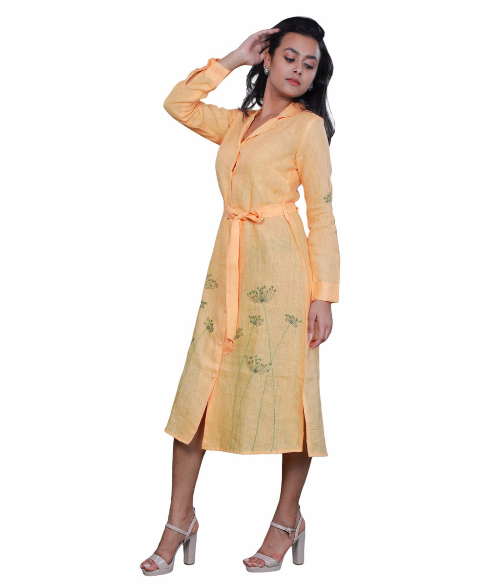 Pastel yellow hand embroidery linen dress