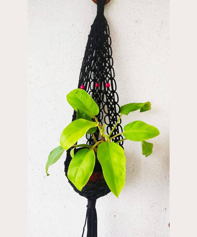 Black handcrafted nylon thread wooden beads macrame planter