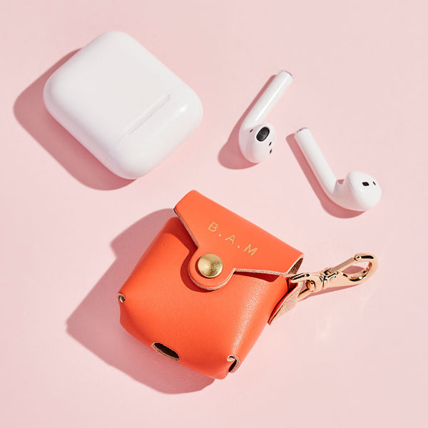 Orange leather airpod case with personalised initials - Sbri