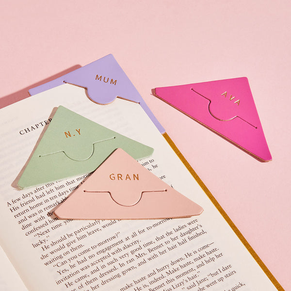 Group picture of colourful leather bookmarks with personalised initials - Sbri