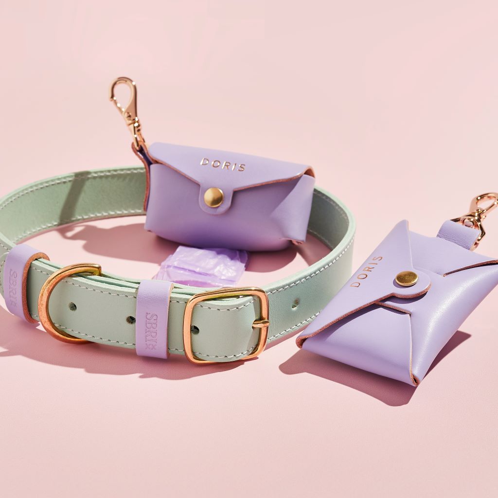 mint green and lilac leather dog collar with matching lilac treat pouch and poo bag holder
