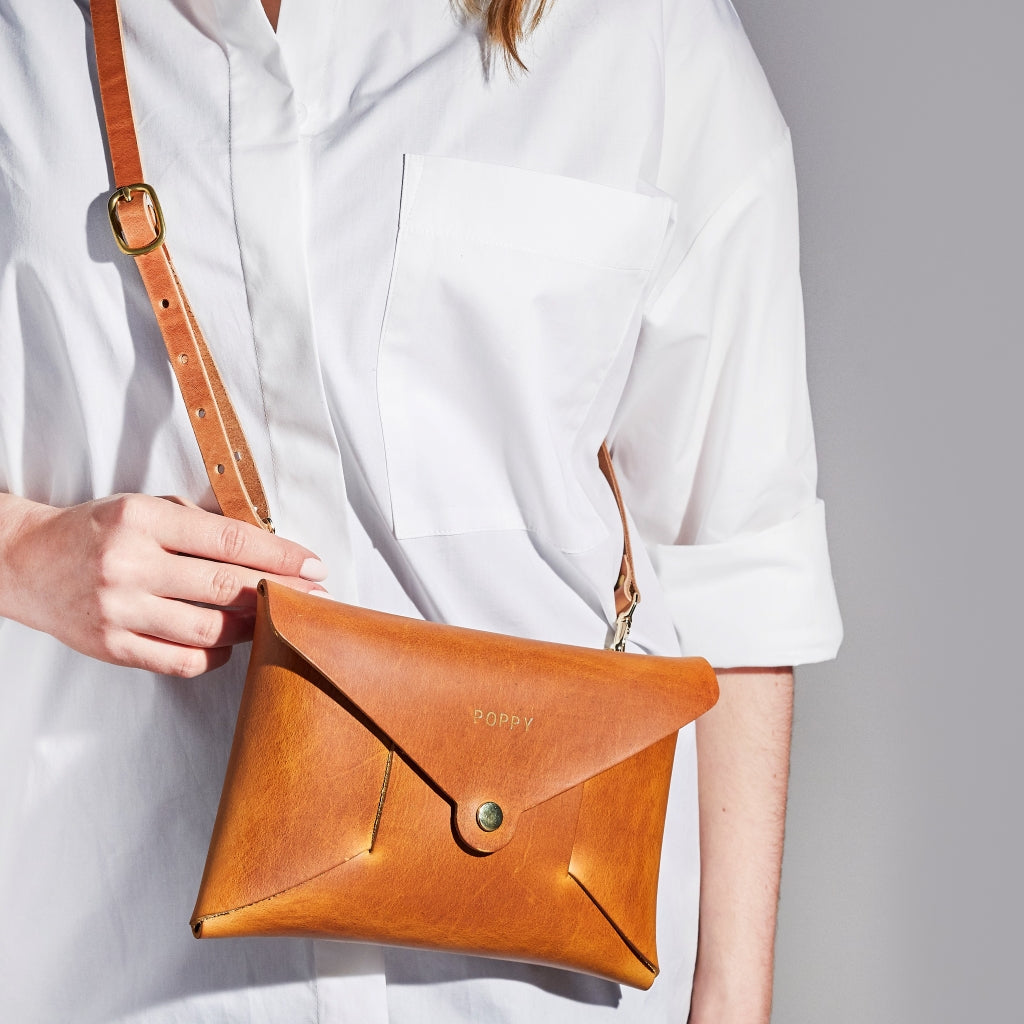 Tan brown leather handbag from Sbri, personalised with 'Poppy'