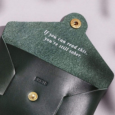 Sbri green leather coin purse with message "if you can read this, you're still sober"