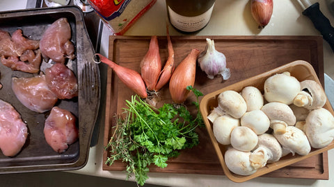 ingredients, including grouse breast, shallots, parsley, shallots, garlic, mushrooms and wine