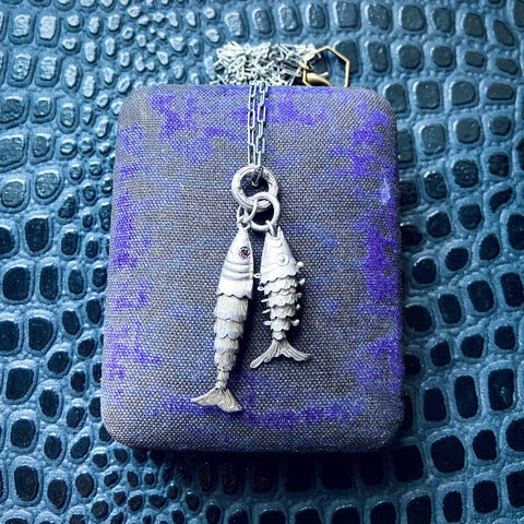Handmade silver articulated fish charm necklace pisces zodiac jewelry