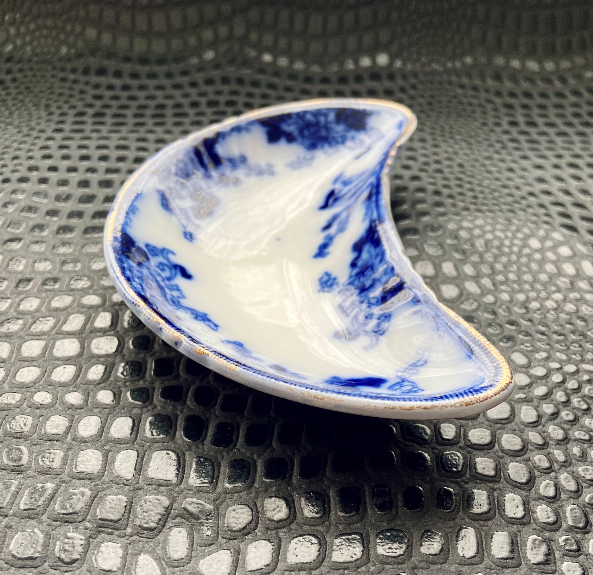 antique blue white porcelain crescent moon dish