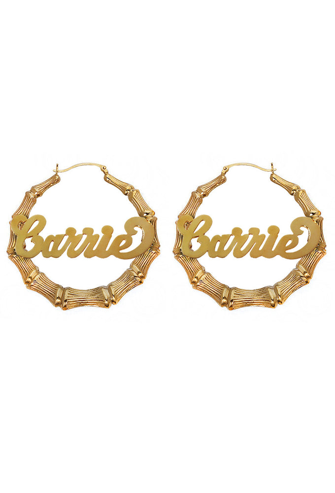 Custom Nameplate Bamboo Hoop Earrings 14k Gold Patricia Field Artfashion