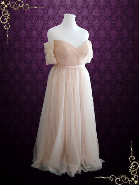 Blush Whimsical Off Shoulder Bridesmaid Dress