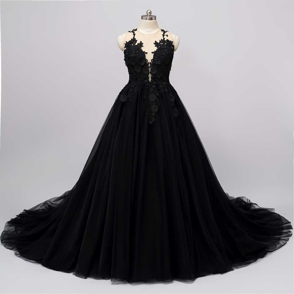 Black Gothic Wedding Dresses A-Line V-neck Sleeveless Ball Gown Tulle Lace  Bridal Gown — Bridelily