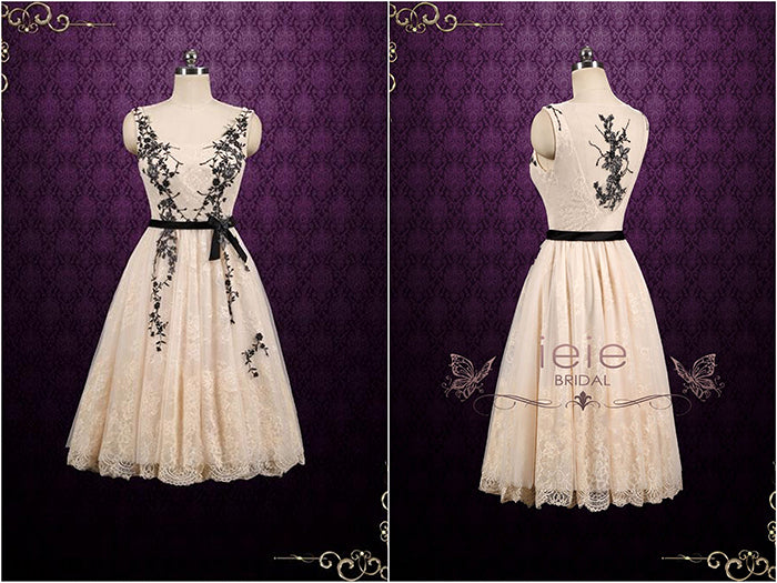 Short Champagne Lace Dress with Black Lace