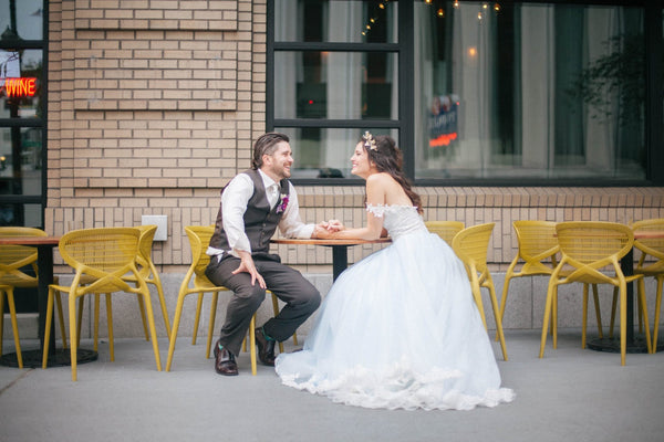 Off the Shoulder Light Blue Fairy Tale Lace Wedding Dress