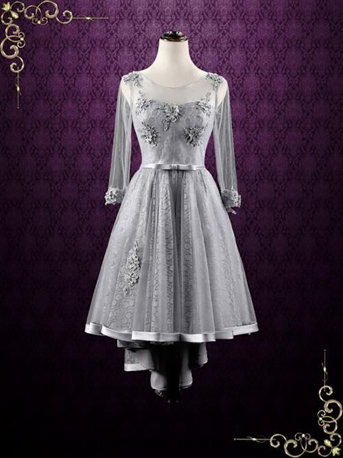 Lace Hi Low Gray Tea Length Dress