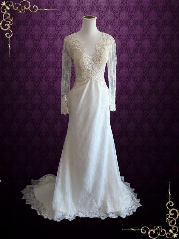 Open Back Lace Wedding Dress with Plunging Neckline