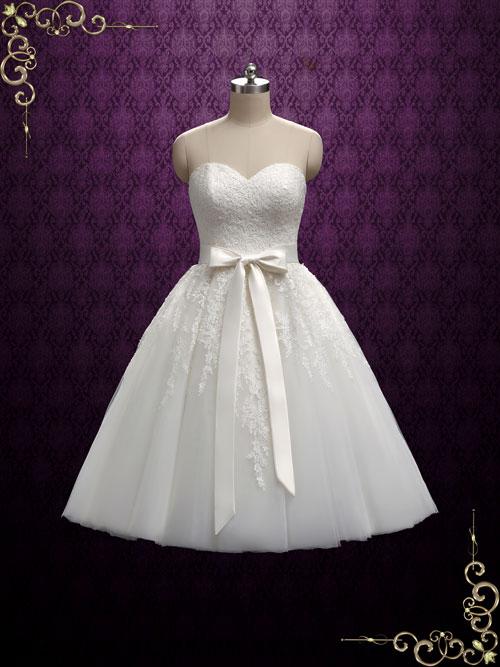 Strapless Tea Length Wedding Dress With Lace