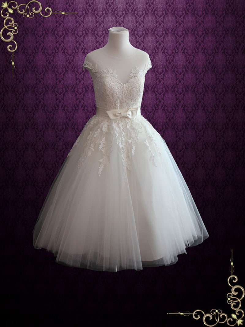 Retro Tea Length Tulle Dress with Illusion Neckline