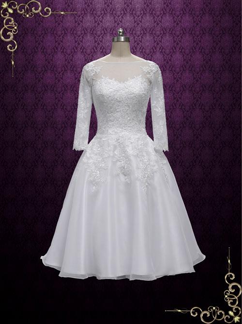 Vintage Style Tea Length Lace Wedding Dress with Sleeves
