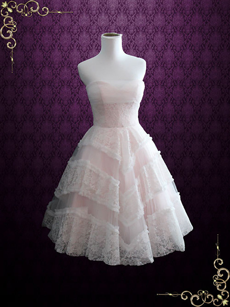 Blush Tea Length Strapless Bridesmaid Dress