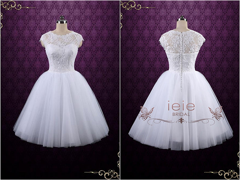 Tea Length Lace Wedding Dress with Tulle Skirt