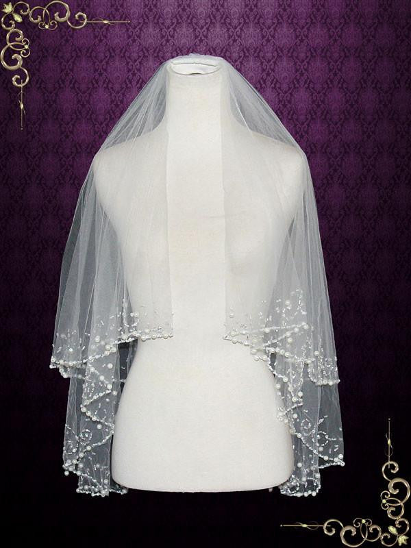Two-tier Ivory Elbow Length Veil with Pearl Beading