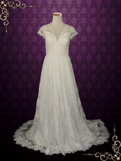 Vintage Lace Wedding Dress with V Neck and Cap Sleeves