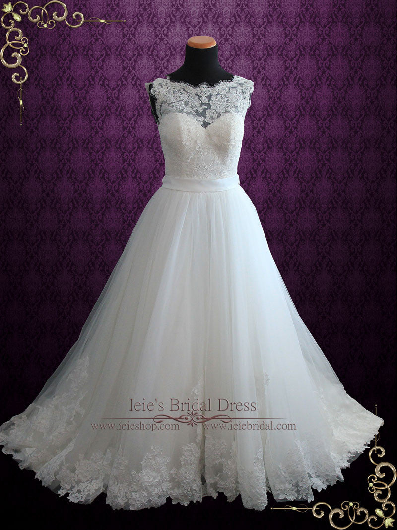 Lace Ball Gown Wedding Dress with Illusion Boat Neckline | Vana – ieie