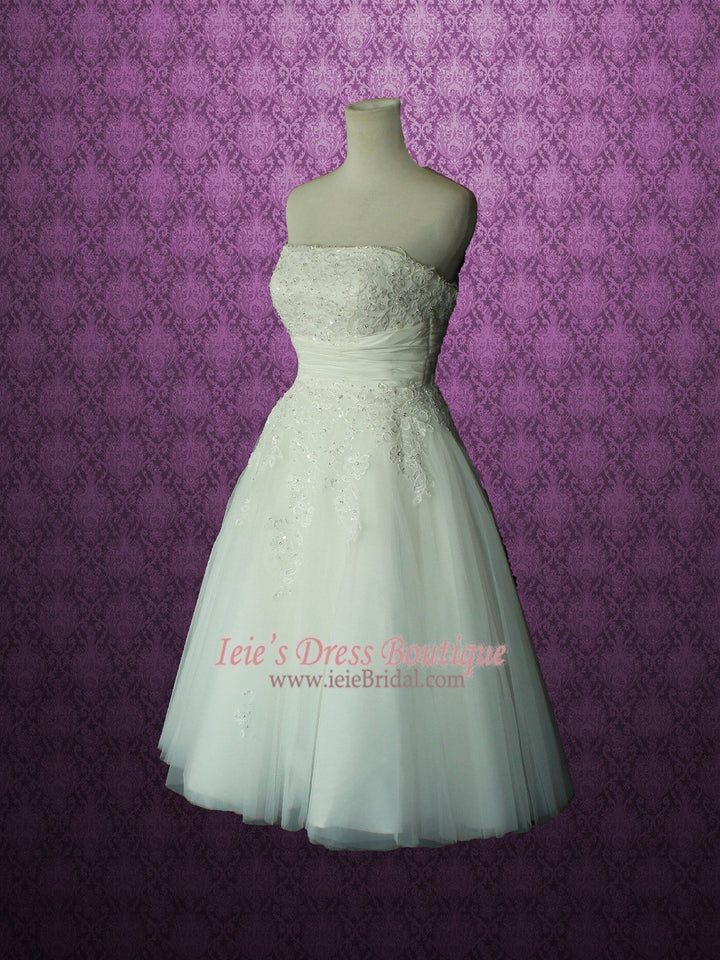 Retro Vintage Style Strapless Lace Tulle Tea Length Wedding Dress | Se ...