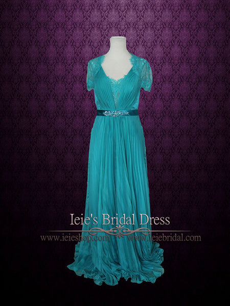 Teal Lace V neck Formal Prom Evening Dress with Short 