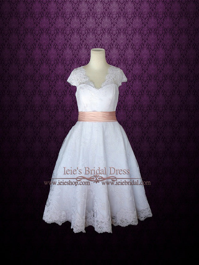Retro 50s Tea Length Lace Wedding Dress with Short Sleeves CHERRY ...