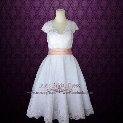 Retro 50s Tea Length Lace Wedding Dress with Short Sleeves | Cherry – ieie