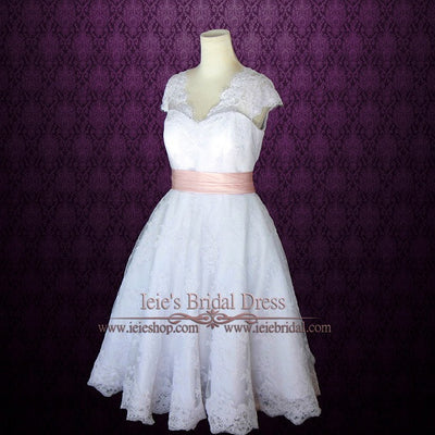 Retro 50s Tea Length Lace Wedding Dress with Short Sleeves | Cherry – ieie