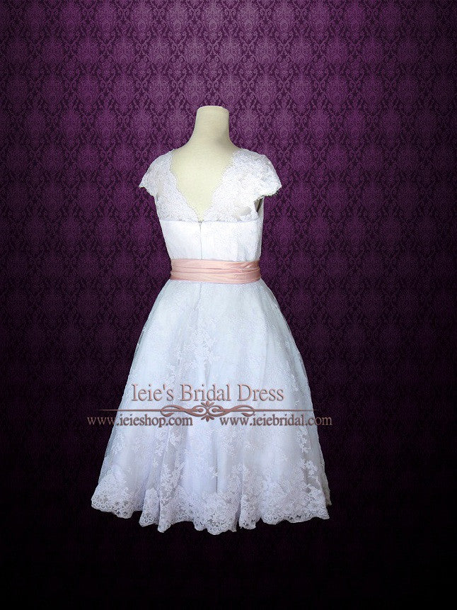 Retro 50s Tea Length Lace Wedding Dress with Short Sleeves CHERRY ...