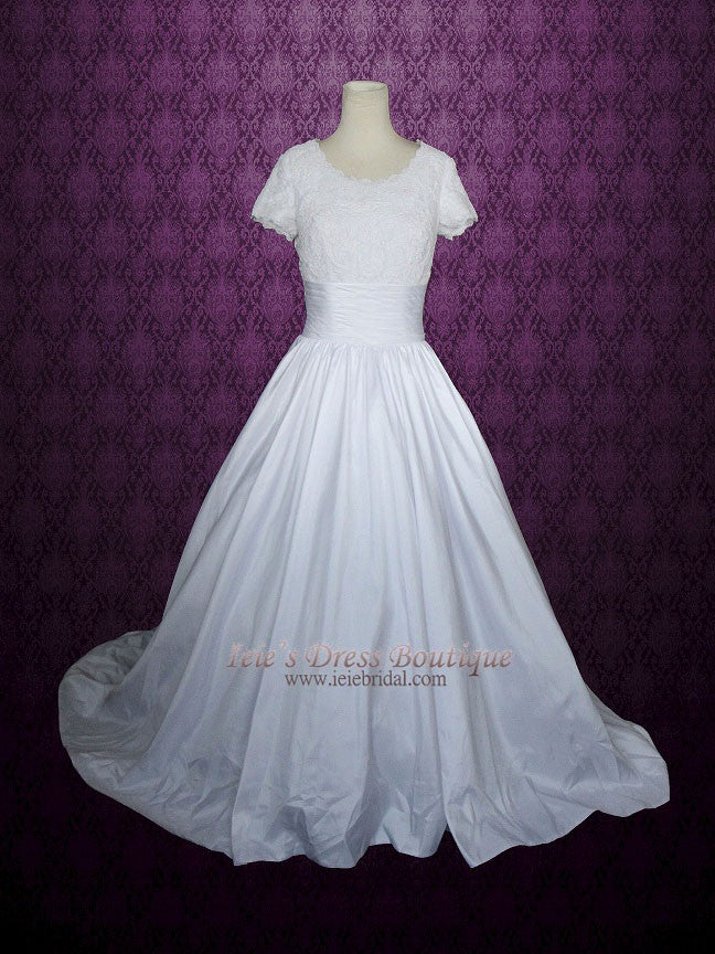 Modest Ball Gown Wedding Dress with Lace Top Short sleeves Chapel Trai ...