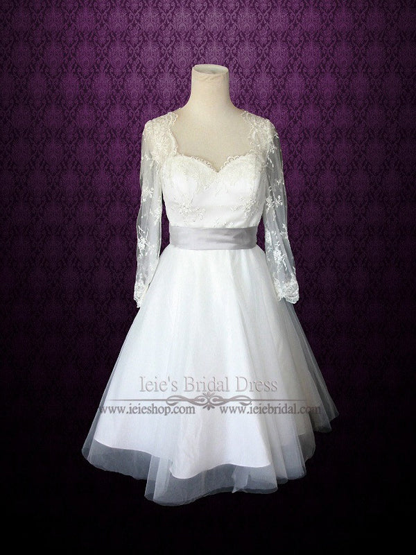 50s Tea Length Vintage Lace Wedding Dress Full Skirt. Small Bust/ Waist  Approx 4/6 UK Very Lovely Cotton Lace, Scoop Neck and Long Sleeves 